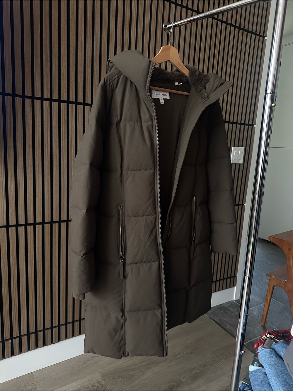 Calvin Klein Women’s Hooded Long Puffer Coat in Brown (Twig)